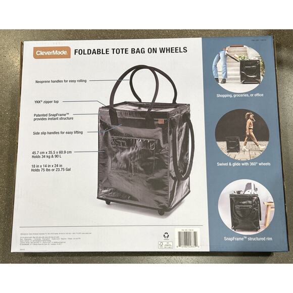 Viral CleverMade Foldable Tote Bag on Wheels, 14”Lx18”Wx24”H Soft Grip H 1796150 - Picture 3 of 5